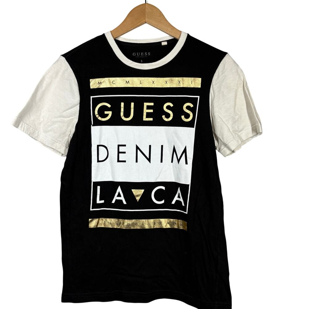 Guess Graphic Tee Colorblock Casual Black Gold Preppy Classic Mobwife - S